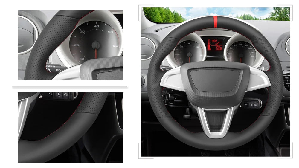 Black Faux Leather Car Steering Wheel Cover for Seat Ibiza (6J) 2008-2015 MII 2013-2020