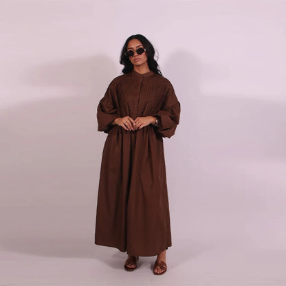 Casual Long Dress Women Solid Loose O Neck Single Breasted Full Lantern Sleeve High Waist Robe 2026 Spring Fashion Dresses Lady