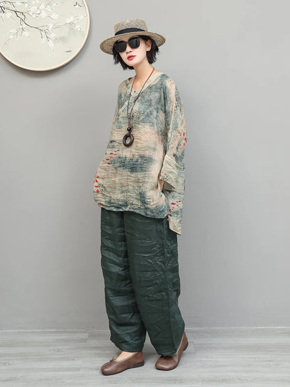 Artistic Ramie Suit Women Summer Printed Lightweight V-neck Mid-length Top + Loose Pants Two-piece Set XY307