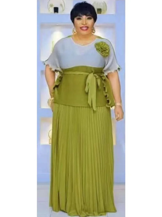 2025 New Casual Suit Women's Two-piece Set Miyake Pleated Skirt + Color Matching Top Loose Long Skirt Set