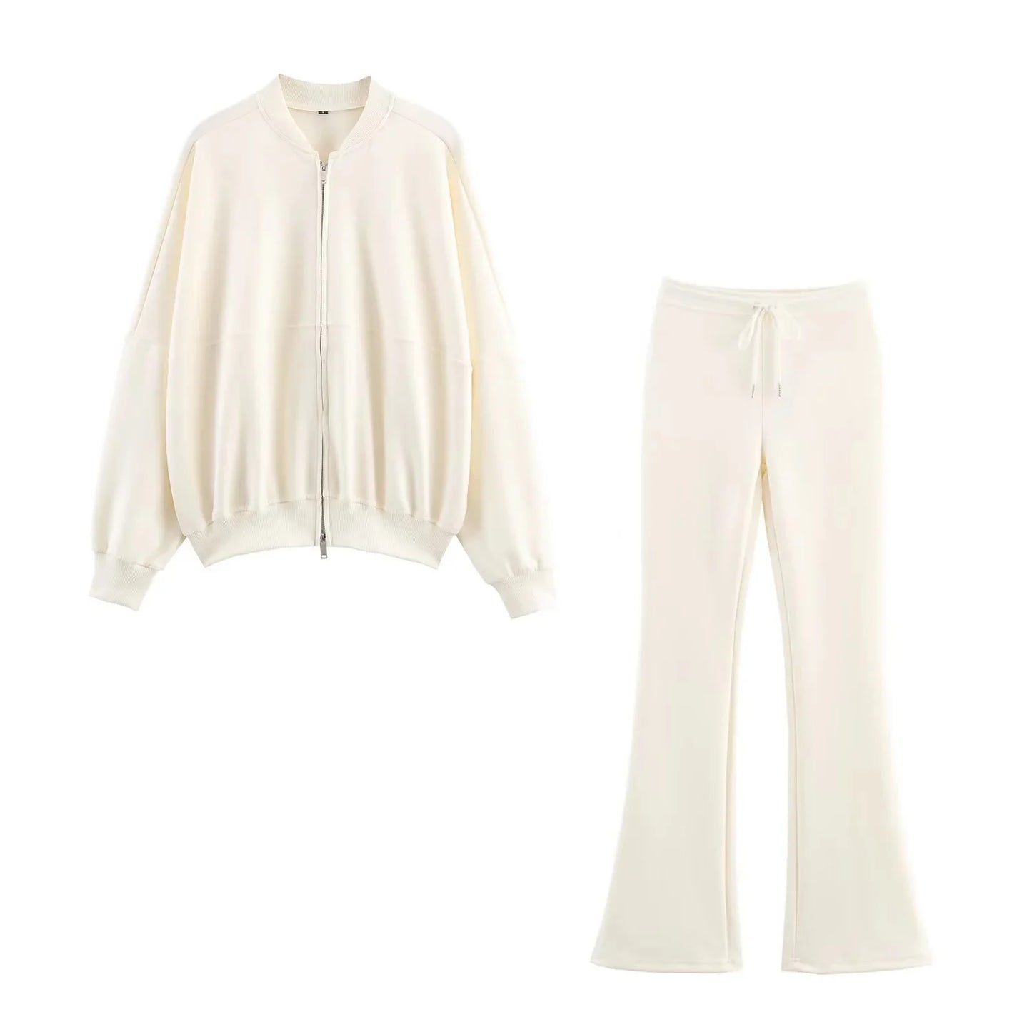 KONDALA Fall Women Elegant Pant Set Simple O-Neck Zipper Jacket, Slim Drawstring Flared Pants 2025 Spring Autumn Casual Lady Set