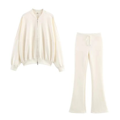 KONDALA Fall Women Elegant Pant Set Simple O-Neck Zipper Jacket, Slim Drawstring Flared Pants 2025 Spring Autumn Casual Lady Set