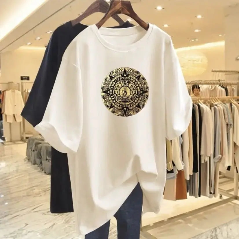 Women Fashion Pure Cotton Y2k Short Sleeve T-shirt Summer Casual Loose Paisley Printing Top Tee Office Lady Basic Pullover M-6XL
