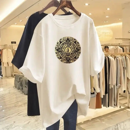 Women Fashion Pure Cotton Y2k Short Sleeve T-shirt Summer Casual Loose Paisley Printing Top Tee Office Lady Basic Pullover M-6XL