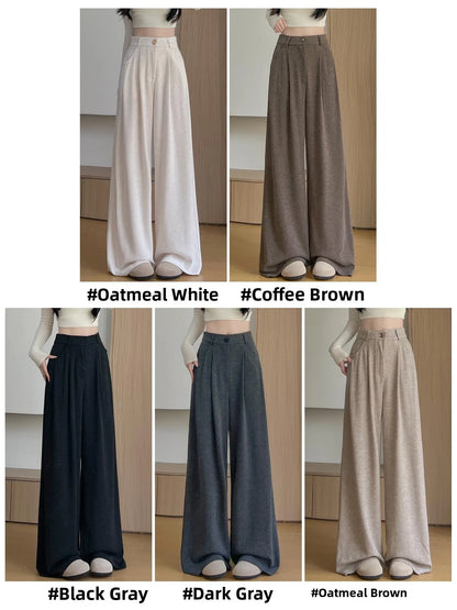 Korean Style High Waist Loose Fit Fleece Lined Wide Leg Pants Women's Autumn Winter New Arrival Straight Cut Trousers