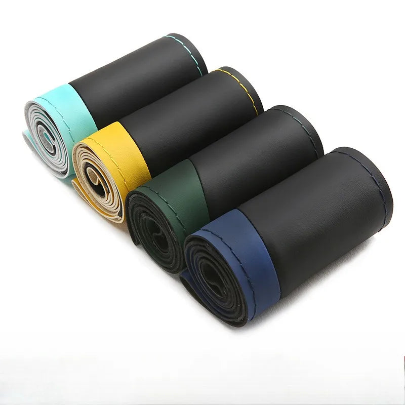 Leather Hand Sewn Steering Wheel Covers Universal DIY Braiding Car Steering Wheel Cover Car Accessories Steering Wheel Wrap 38CM