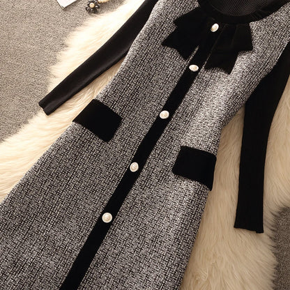 Spring Autumn Winter Tweed Color Block Vest Skirt Set  Knot Elegant Fashionable Two Piece Set Women's Luxury Style