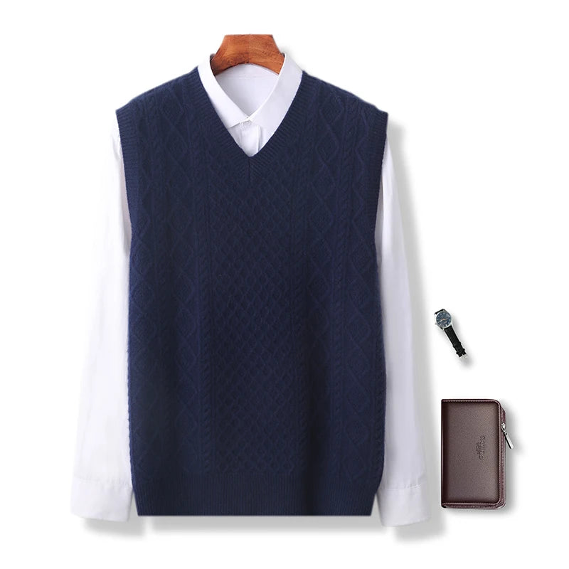 Autumn and winter new 100% pure wool men's V-neck sleeveless vest solid color fashion casual loose knit vest.