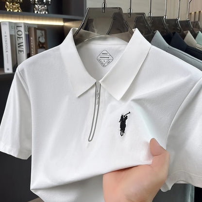 Summer New Ice Silk Cool Short Sleeved Polo Shirt, Skin Friendly, Breathable, Lapel Zipper, Business Casual T-shirt for Men