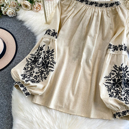 Bohemian Vacation Style Women's Shirt round Neck Lantern Sleeve Embroidery Heavy Work Autumn Design Sense Knot Design Top