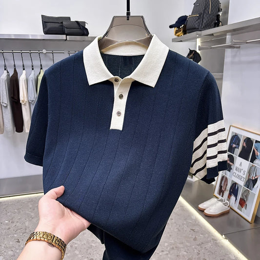 Quality Designer Brand Men Short-Sleeved Knitted Shirt Lapel Button Flax-Containing British Style Summer Leisure Men's Clothing