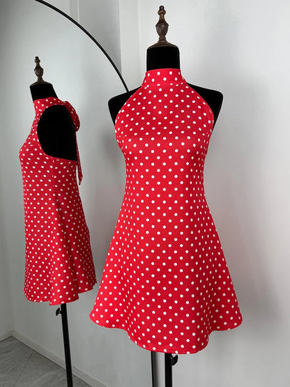 Tuularose Fashion Polka Dot Dress Vintage High Waist Sleeveless Backless Neck Lace-up Dress Sexy Party Luxury Women Dresses Y2k