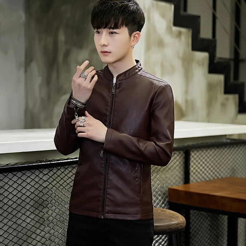 Autumn Winter Comfortable Fashionable Trendy Handsome Men Imitation Leather Jacket Simple Natural Windproof Warm Leather Jacket