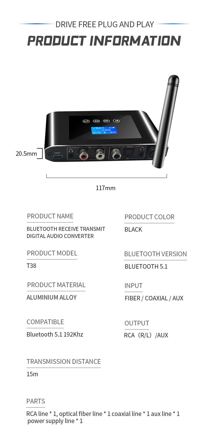 New 2 in 1 Long Range Bluetooth 5.1 Audio Transmitter Receiver RCA 3.5mm AUX Stereo Wireless Adapter For PC TV Headphones Car