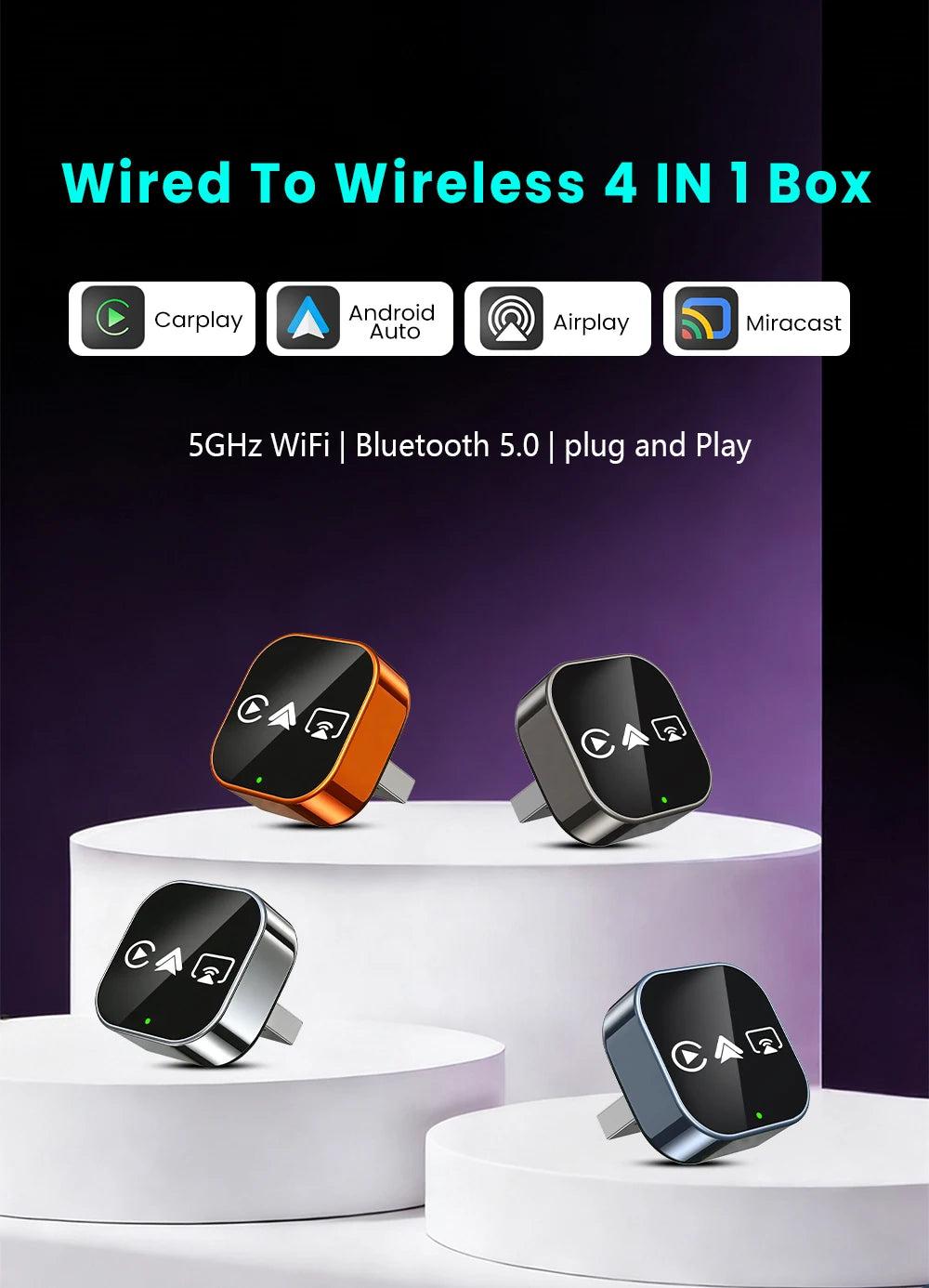 2026 4in1 New Upgrade Carplay Adapter Wireless Android Auto Mirror Link Smart MiNi AI Box USB Plug and Play Auto Connect WiFi