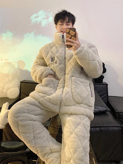 Men's Coral Fleece Sleepwear Thickened Cotton Sandwich Home Clothes Long Sleeve Zipper Closure Warm Home Suit for Autumn Winter