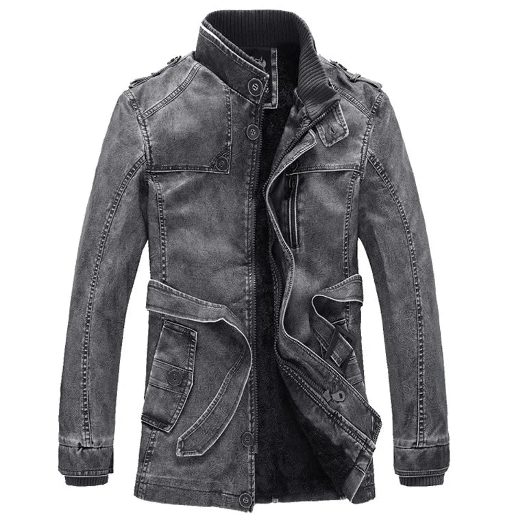 Thick Warm Cashmere Men Outwear Fleece Fur Collar Windbreaker Coats Men's Military Tactical Leather Jackets Long Jacket Men
