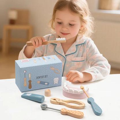 Kids Wooden Pretend Play Doctor Educational Toy Role Playing Games Simulation Dentist Check Brush Teeth Medicine Set Gifts