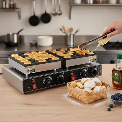 Mini Dutch Pancake Machine 50PCS For Kitchen Restaurant Dessert, Non-stick Dorayaki Baker 1800W Double Temperature Time Control Commercial Poffertjes Grill Pan 21.3x11.4x6.5 Inches Black Silver Professional Baking Equipment