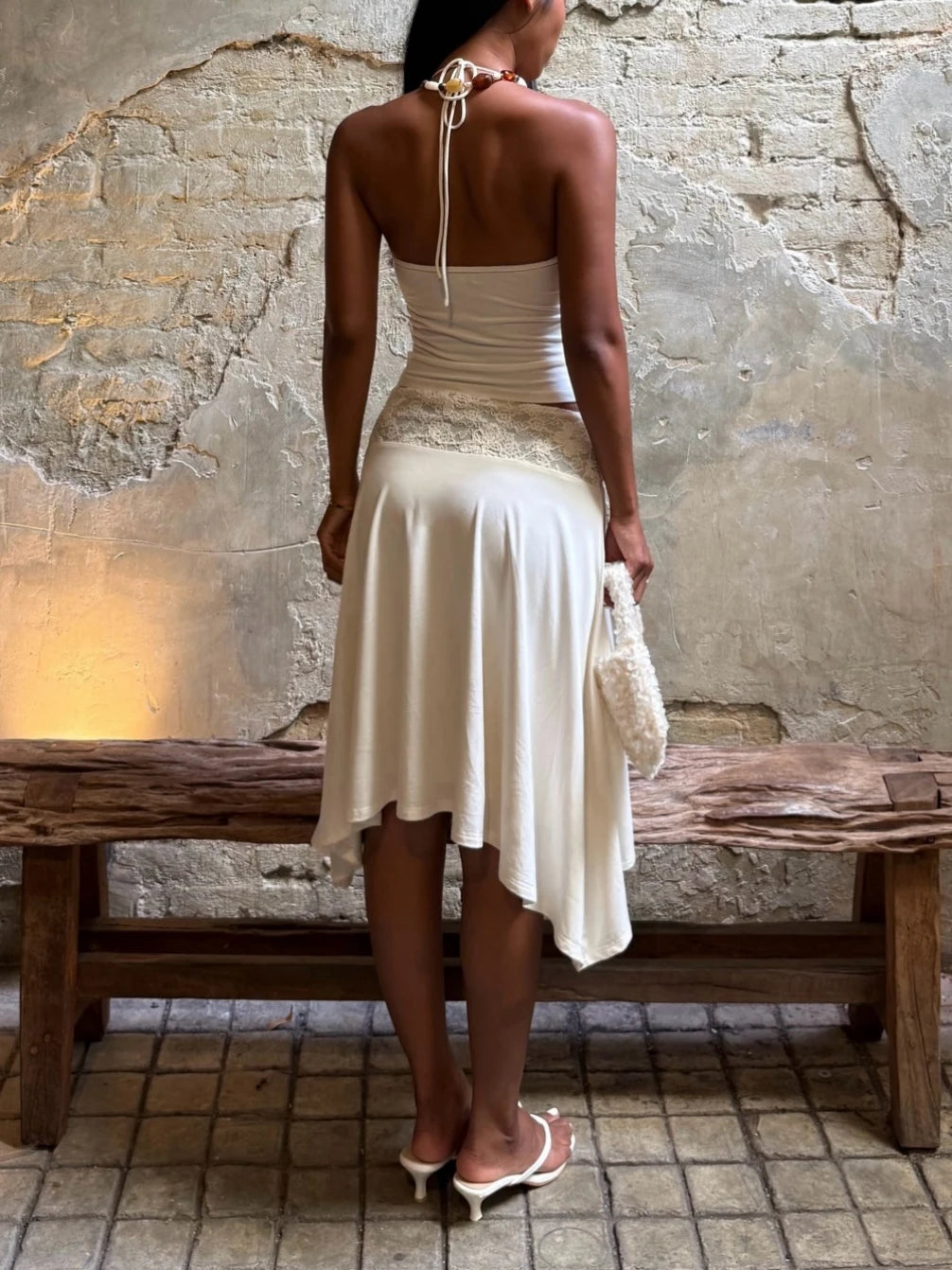 White Lace Patchwork 2 Piece Dress Sets Sexy Halter Short Tanks+A-line Skirts Women Sets Summer New Women Holiday Beach Outfits