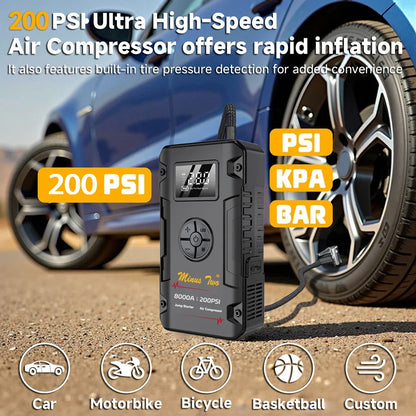 Portable 8000A Jump Starter 200PSI Air Pump Power Bank 4 In 1 Air Compressor Cars Battery Starters Starting Auto Tyre Inflator