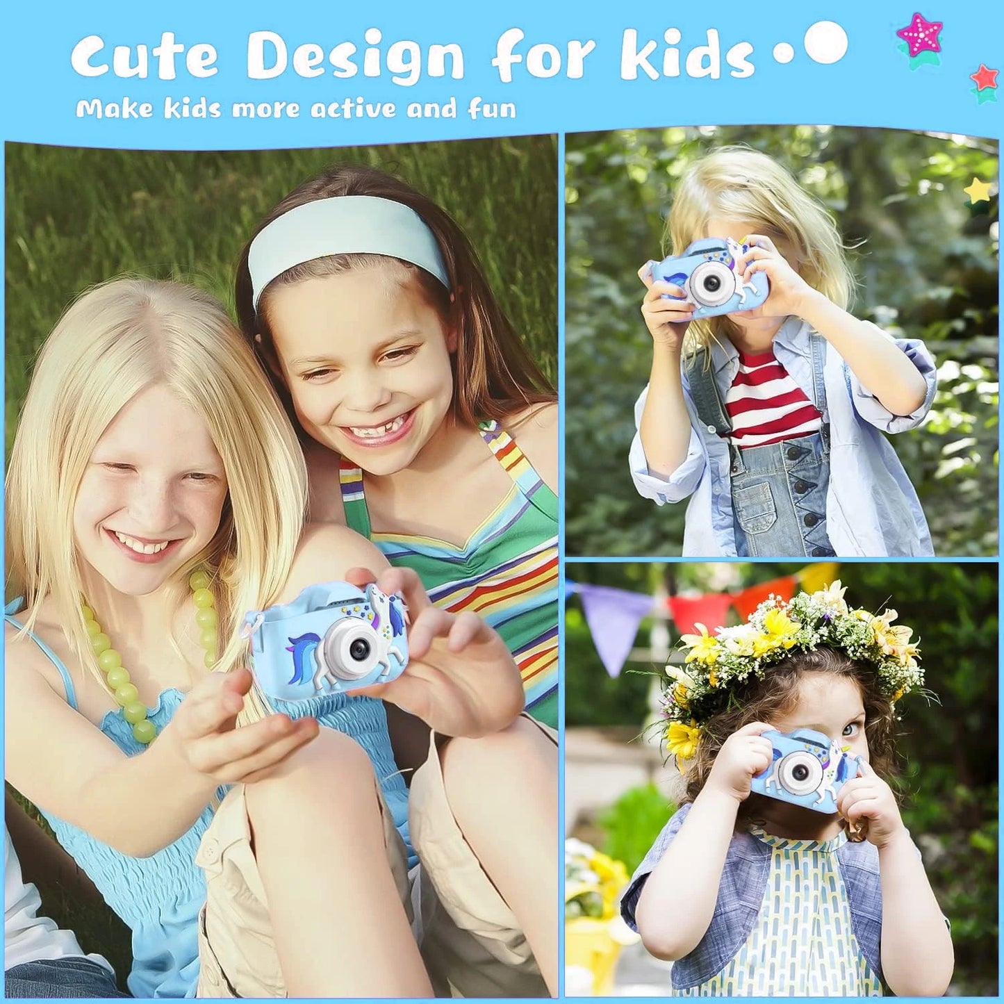 48MP Blue Unicorn Kids Camera 2.0" 16X Zoom Digital Video Recorder with Games Anti-Drop Toy Camera Gift for Boys Girls 3-12