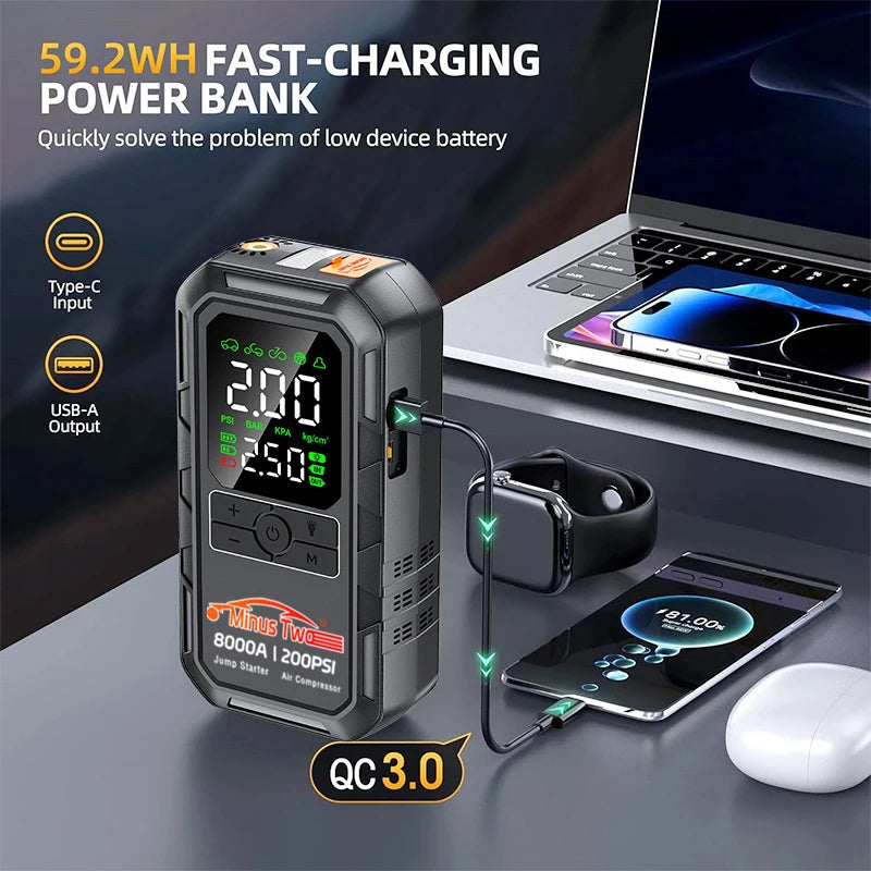4-IN-1 Car Jump Starter with Air Compressor Peak 2000A Auto Battery Booster 150PSI Air Pump Portable Power Bank Tire Inflator