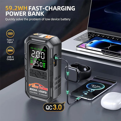 4-IN-1 Car Jump Starter with Air Compressor Peak 2000A Auto Battery Booster 150PSI Air Pump Portable Power Bank Tire Inflator