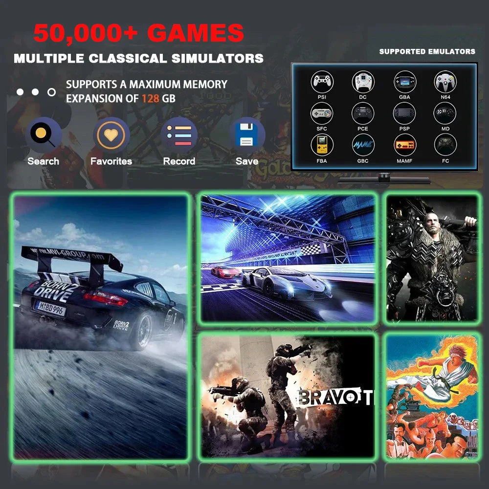 The X8 ULTRA retro video game console comes pre-installed with 50,000 games and plug-and-play PS1/N64/PSP emulators.