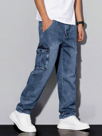 Men's Blue Cargo Jeans Spring New Multi-Pocket Loose Fit Denim Pants Streetwear Hip Hop Casual Versatile Daily Fashion Trousers
