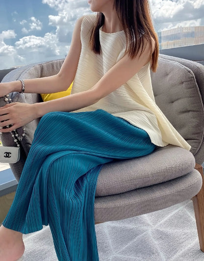 Unique Folded Design Sleeveless Top Set for Small Women Elegant Suitable Travel Wear Polyester Summer T-Shirt round Neck High...