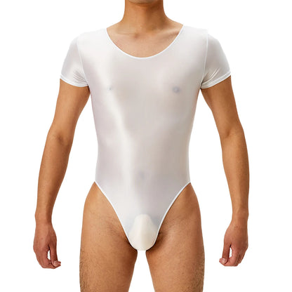 Men's Bodysuit Short Sleeve Oil Shiny High Cut Shapers Leotard Elastic Man Women Sexy Lingerie Jumpsuit Underwear