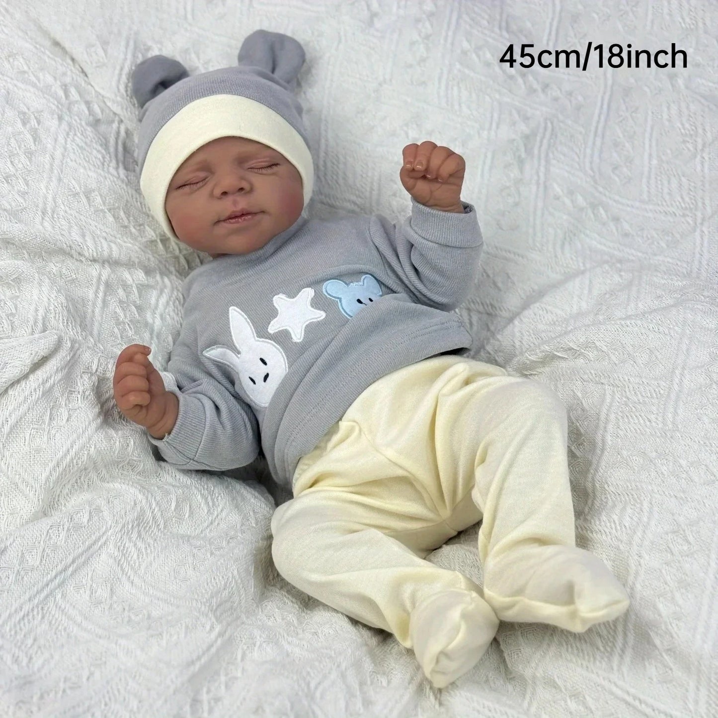 AONPENG 45cm 18inch Smiling Asleep Reborn Doll, Black Skin, Vinyl Limbs & Cloth Body, Handmade Collectible Birthday Gift