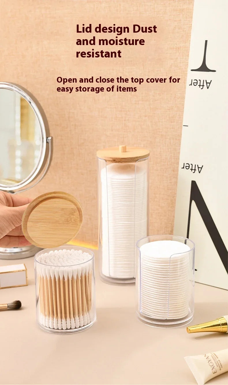 1pcs Cotton Swab Storage Box Acrylic Jar Makeup Organizer, Cotton Round Pad Holder, Q-tip Dispenser with Bamboo Lid