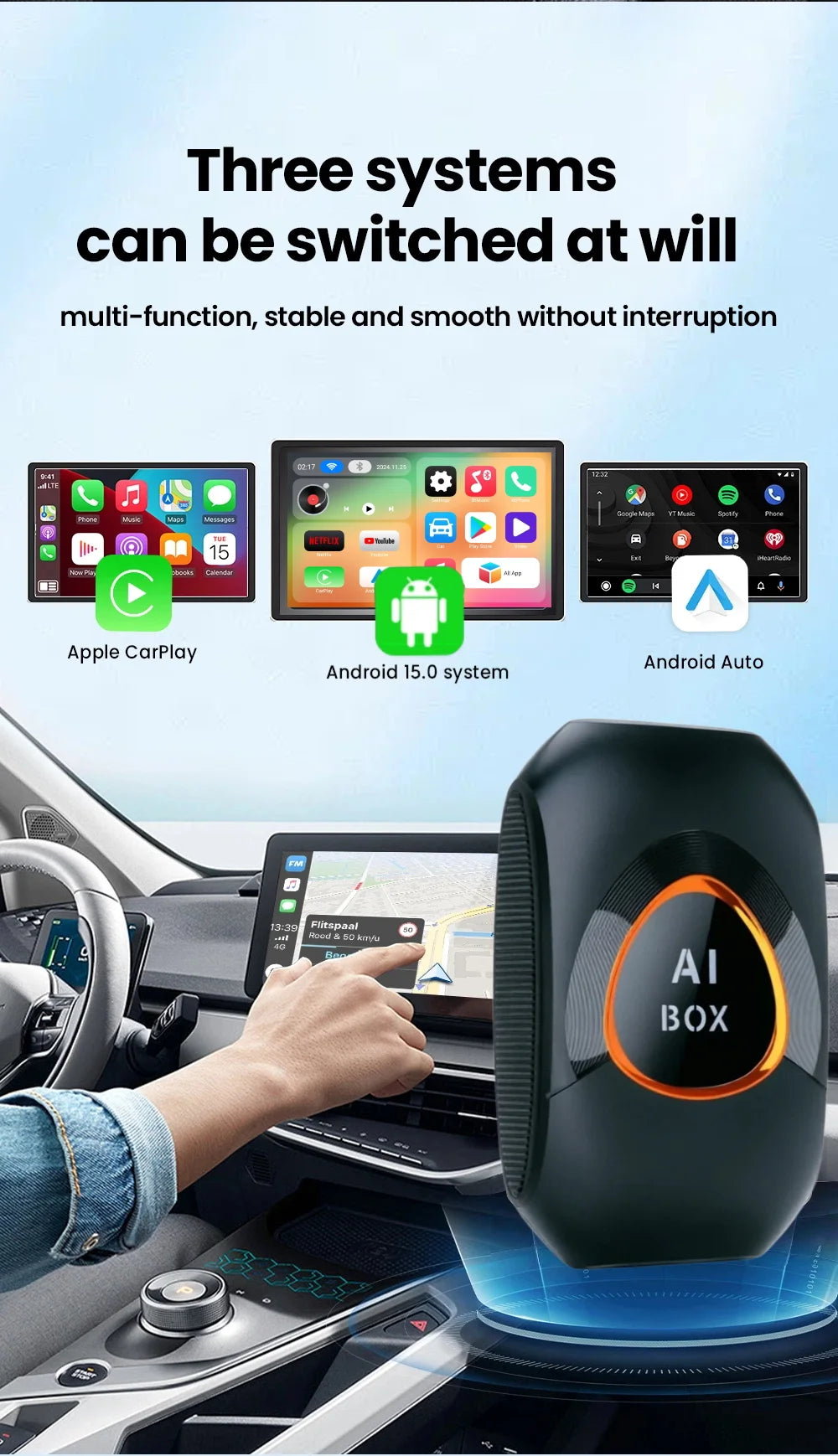 CarRocket Wireless CarPlay AI Box Plug And Play Android 15 Netflix YouTube Car Multimedia Video Box for Cars with Wired CarPlay