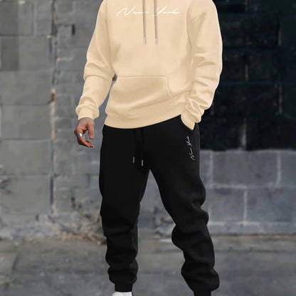 Men's printed hooded sweater and fleece pants set new two-piece winter-spring boyfriend sweatshirt and drawstring casual pants