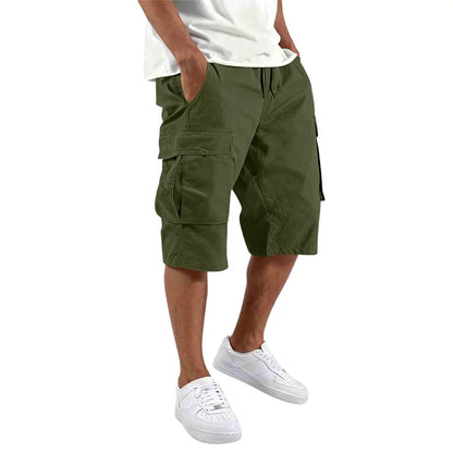 Summer Men Loose Straight Pants Casual Multi-Pocket Shorts Pure Color Fashion Men Shorts Drawstring Daily Cargo Short Pants