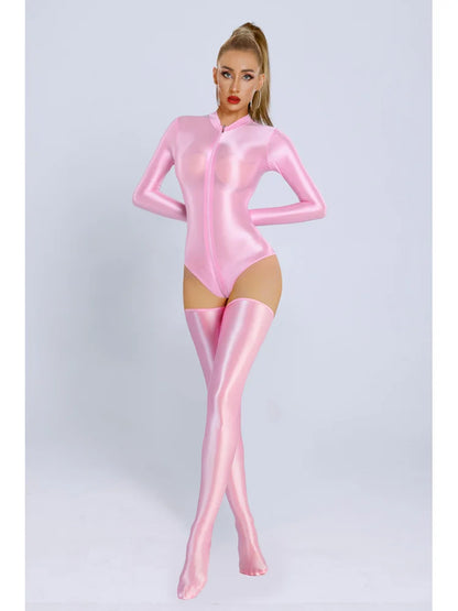 New Glossy Shiny Long Sleeve Swimsuit Zipper Crotch Bodysuit Tights Body Teddies Sukumizu High Elastic Leotard Unitard Tshirt