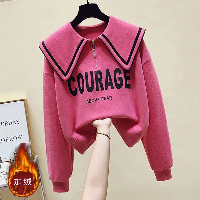 Teenage Girl's Fleece Lined Thickened Navy Collar Sweatshirt Small Size Winter Fashionable Clothing School Sweet Style Zipper