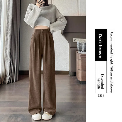 White Corduroy Wide Leg Pants Women's Autumn Winter Slim Straight Drapey Small Size Fleece Lined Suit Trousers