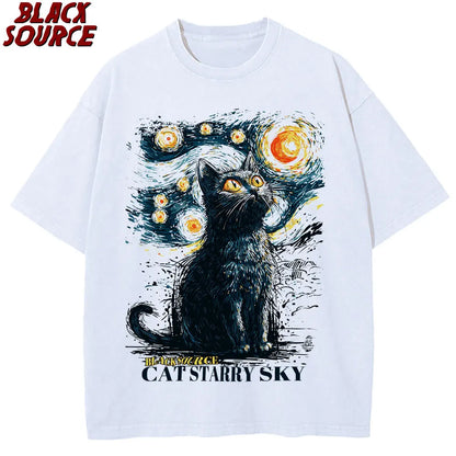 T188 Black Cat Starry Sky Night Vintage T-shirt for Men and Women, Short Sleeve Cotton Round Neck T-shirt, Casual Graphic