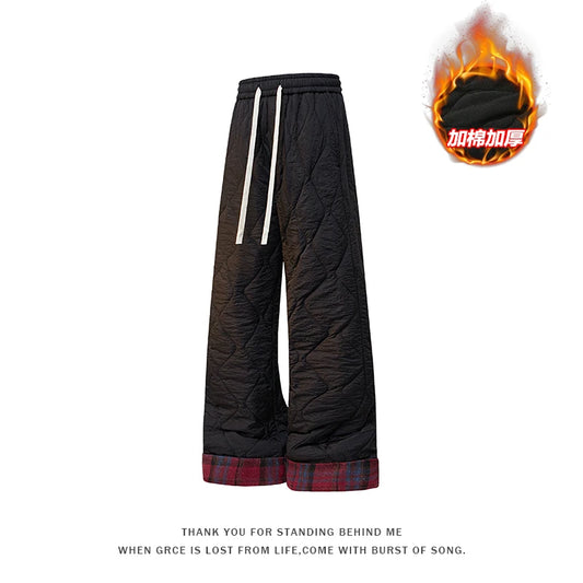 For  Men's Heavy Autumn and Winter Rhombus Design Warm Cotton Pants Loose Trend Versatile Velvet Thickened Casual Pants Trousers