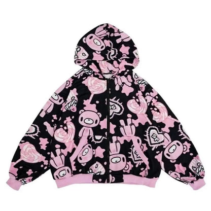 Street Style Harajuku Bear Hoodie Sweatshirt Sweet Cool Candy Pink Violent Bear Subculture Outerwear Loose Fit Long Sleeve