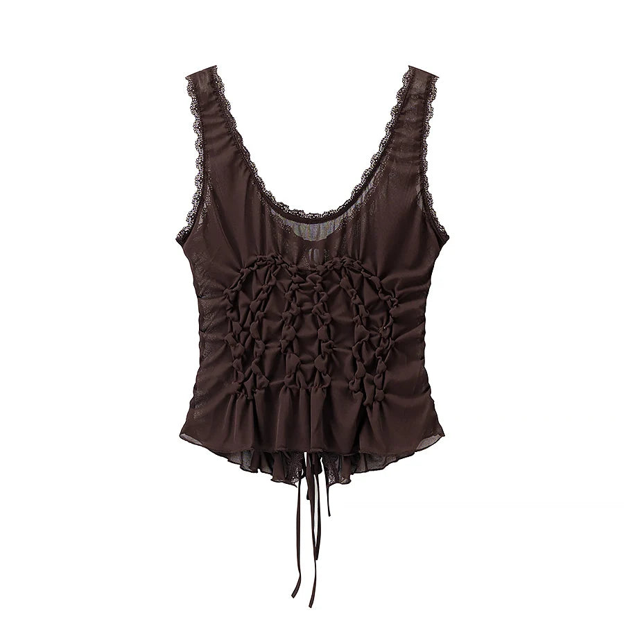 DUOPERI Women Y2K Fashion Solid Pleated Lace Up Slim Fitting Camisole Straps V-Neck Female Chic Lady Casual Tank Tops