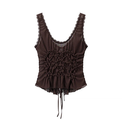 DUOPERI Women Y2K Fashion Solid Pleated Lace Up Slim Fitting Camisole Straps V-Neck Female Chic Lady Casual Tank Tops