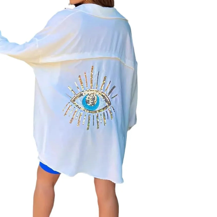 Spring Summer 2024 Women's Casual Evil Eye Shirt Long Sleeve Turn-down Collar Regular Length Other Material 100% Fashion Ladi...