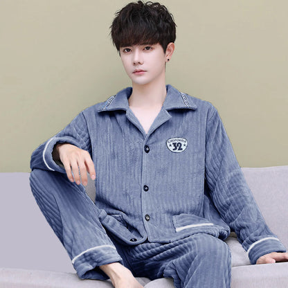 Men's Thickened Flannel Pajamas Coral Fleece Home Clothes Cardigan Set Long Sleeve Long Pants Soft Warm Winter Autumn Sleepwear