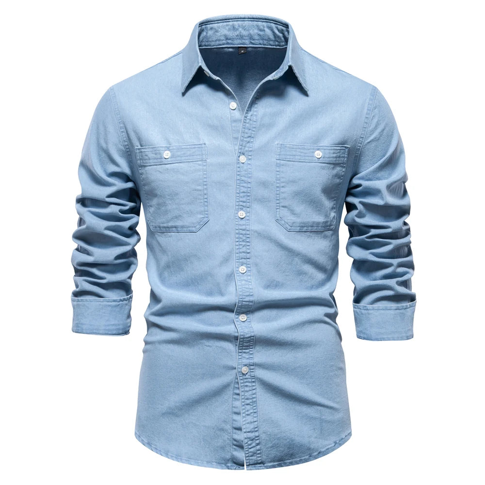 2023 New Autumn Men's Denim Shirt Cotton Elastic Casual Social Design Double Pockets Slim Jeans Shirts for Men