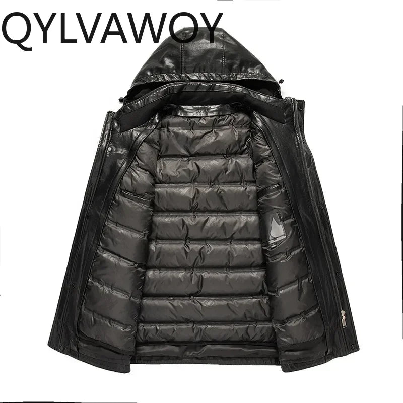 QYLVAWOY Leather Down Jacket Hooded Mid-length 90% White Duck Down Coat Detachable Liner Fashion PU Leather Jackets Man Clothing