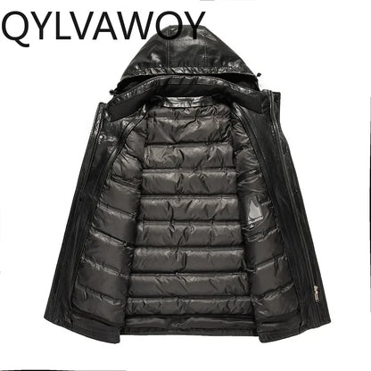 QYLVAWOY Leather Down Jacket Hooded Mid-length 90% White Duck Down Coat Detachable Liner Fashion PU Leather Jackets Man Clothing